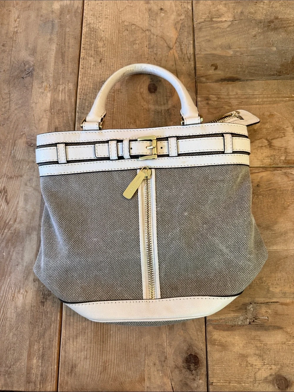 Michael Kors Beige Canvas Shoulder Bag with White Leather Trim
